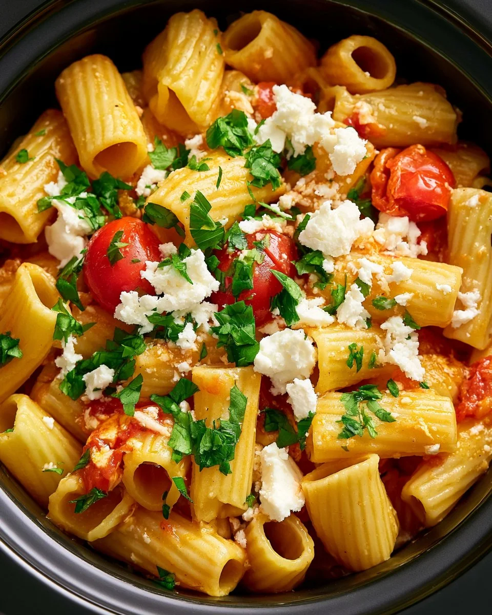 Slow cooker Feta and Tomato Pasta dish garnished with fresh basil