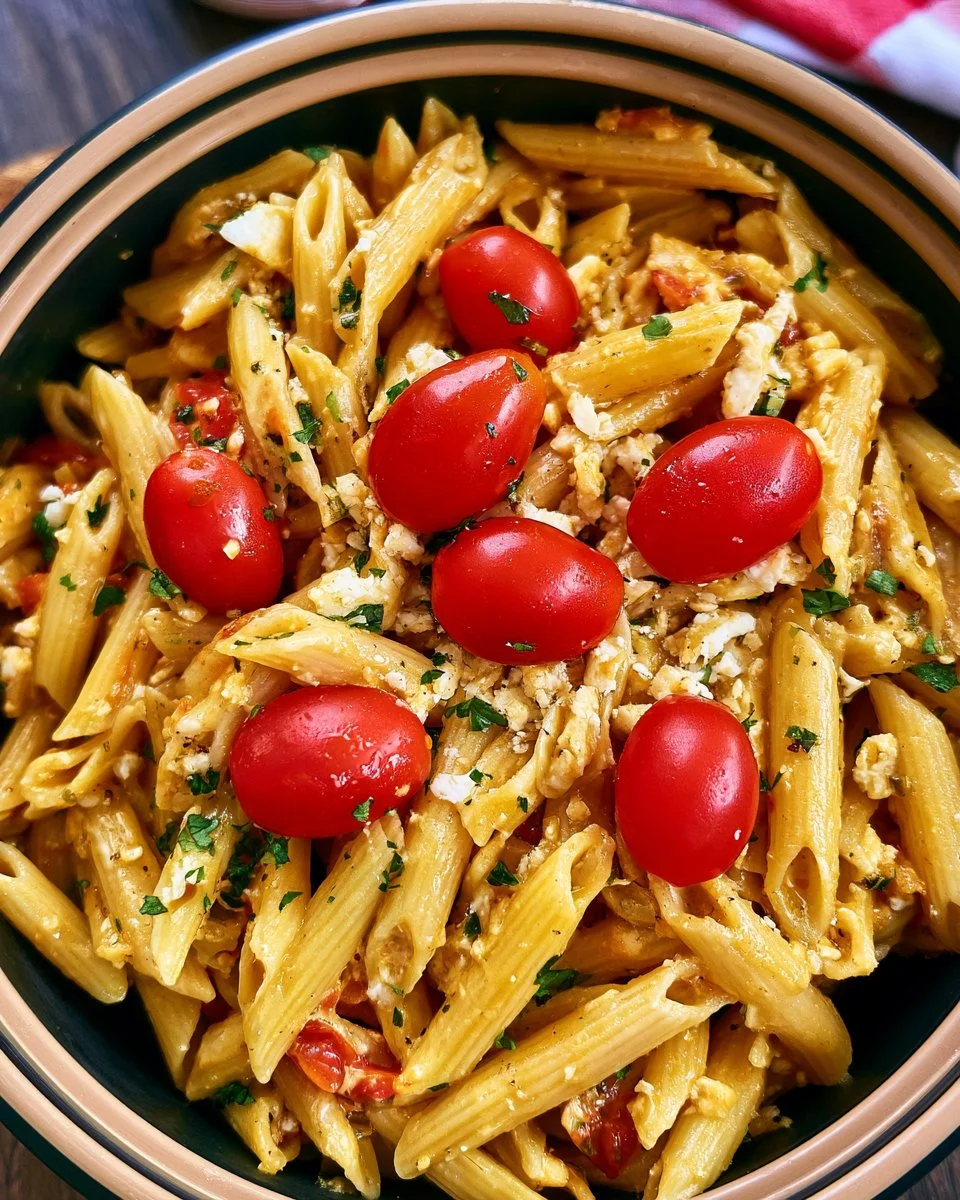 Creamy feta pasta with roasted cherry tomatoes and basil