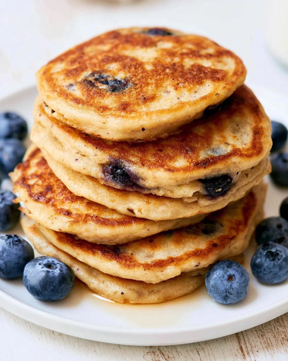 Fluffy protein pancakes topped with fresh berries and syrup.