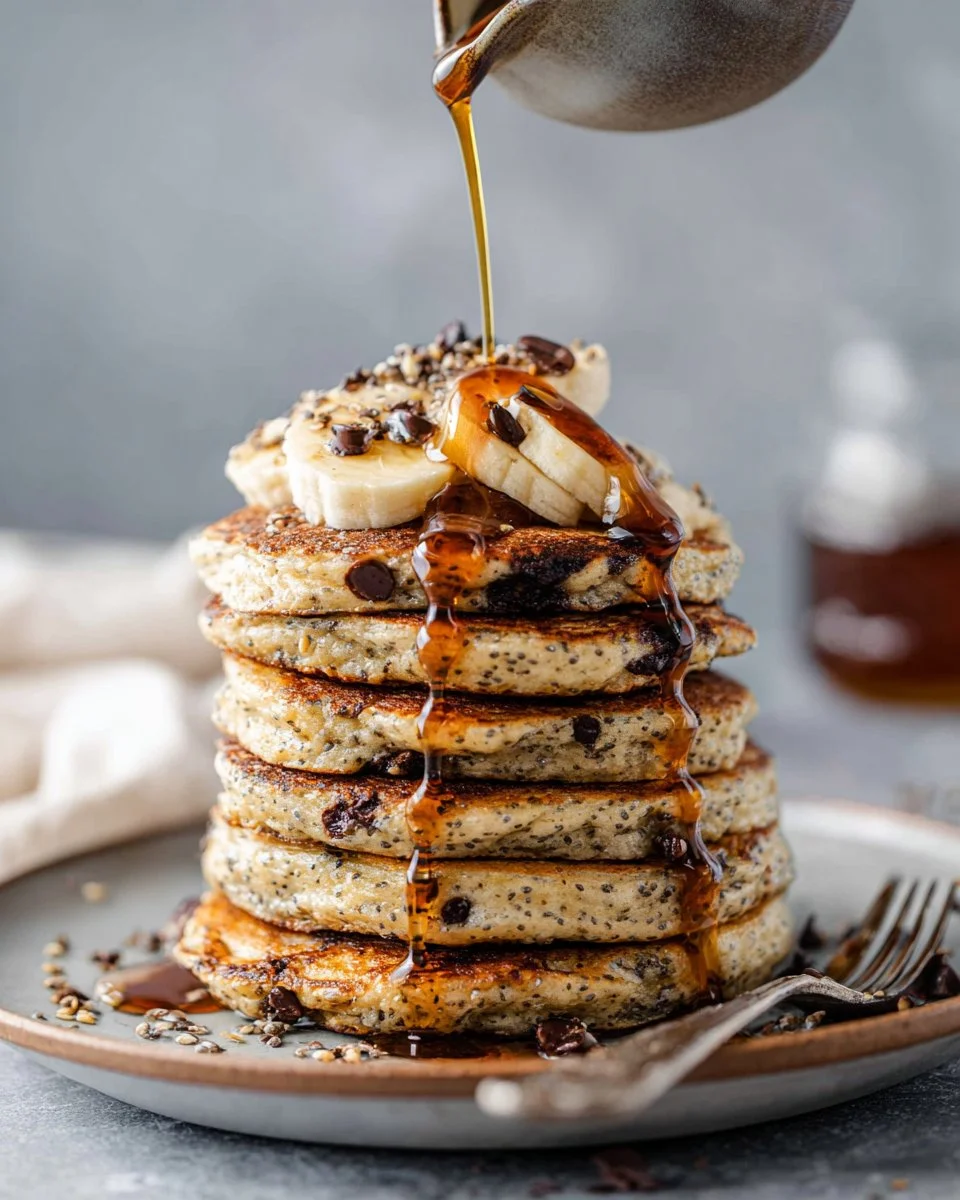 Fluffy vegan chocolate chip pancakes with chia seeds served on a plate