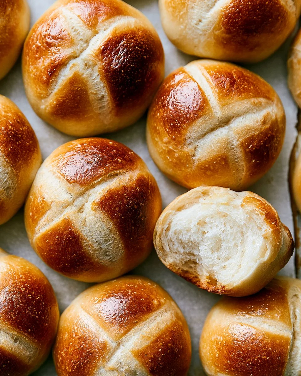 Freshly baked French bread rolls on a wooden table