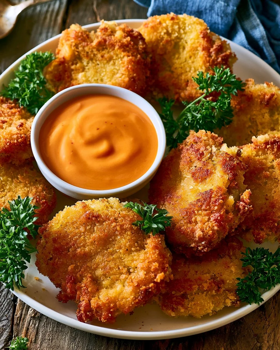 Plate of golden Fried Green Tomatoes with dipping sauce.
