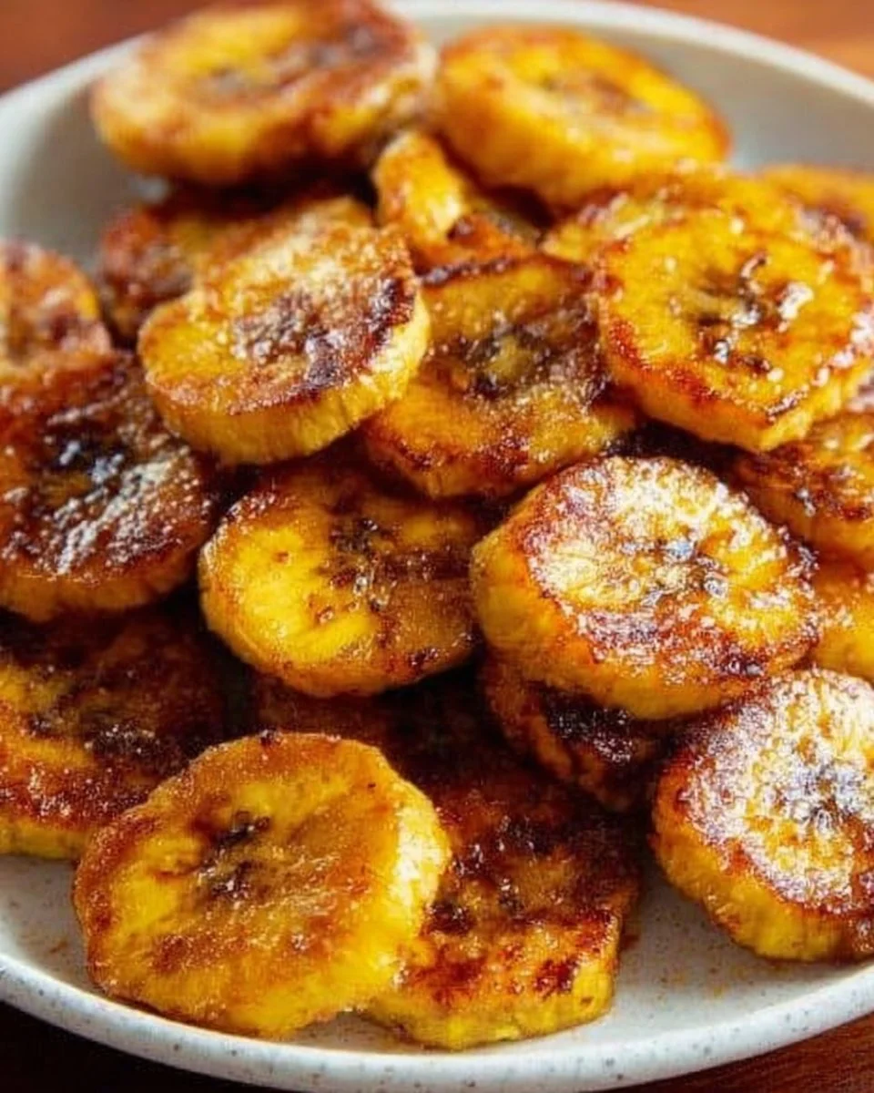 Plate of crispy fried sweet plantains served with dipping sauce