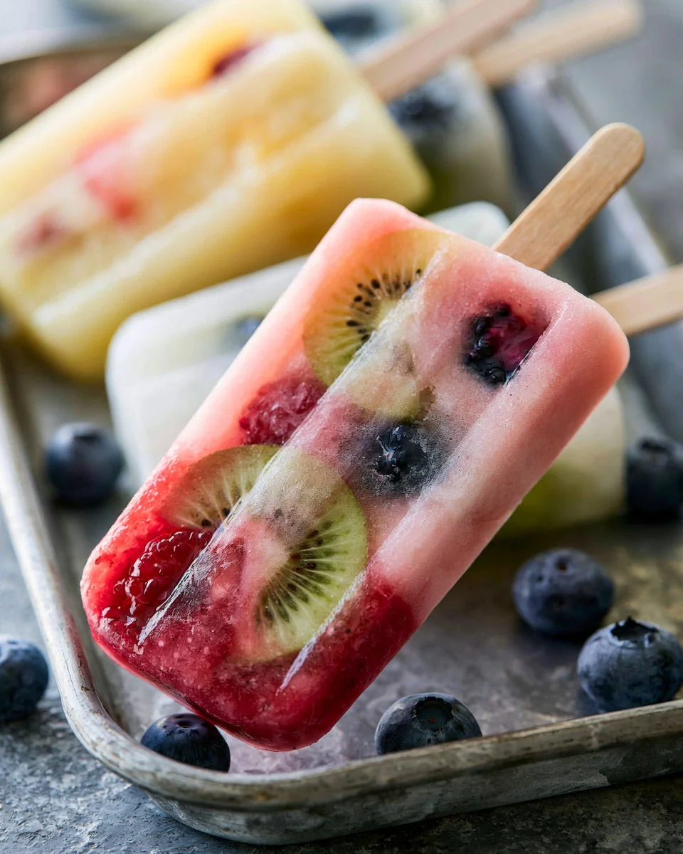 Colorful fruit popsicles made with fresh fruit in a vibrant display