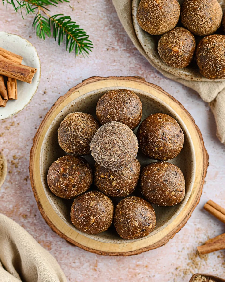 Homemade gingerbread energy balls on a festive plate for the holidays