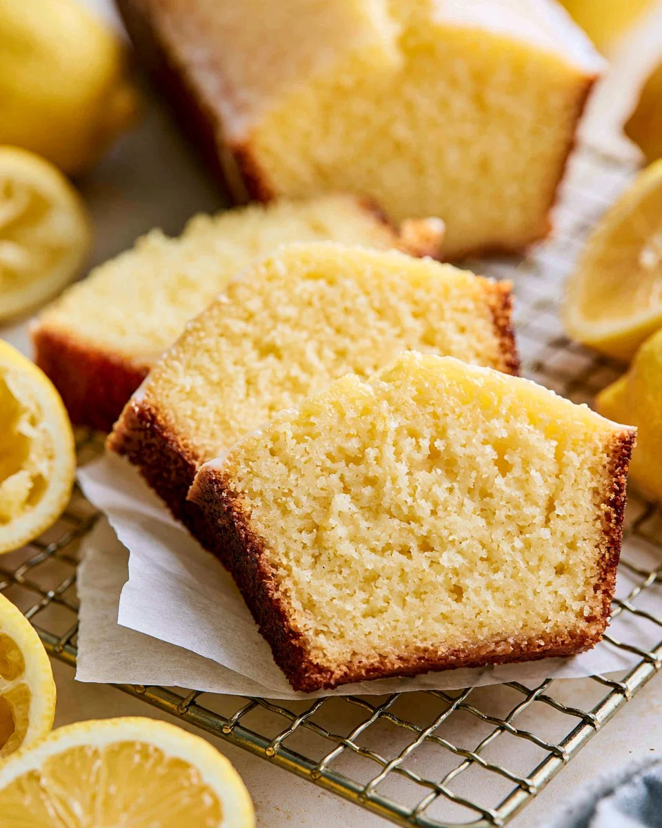 Sliced glazed lemon loaf cake with a lemon drizzle on top