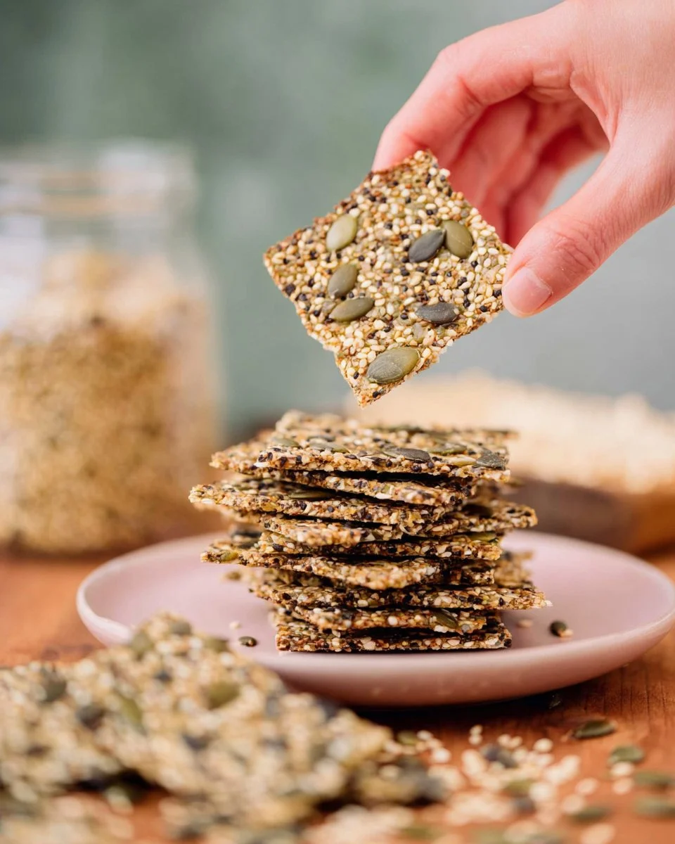 Gluten-free seed crackers made from a variety of nutritious seeds.