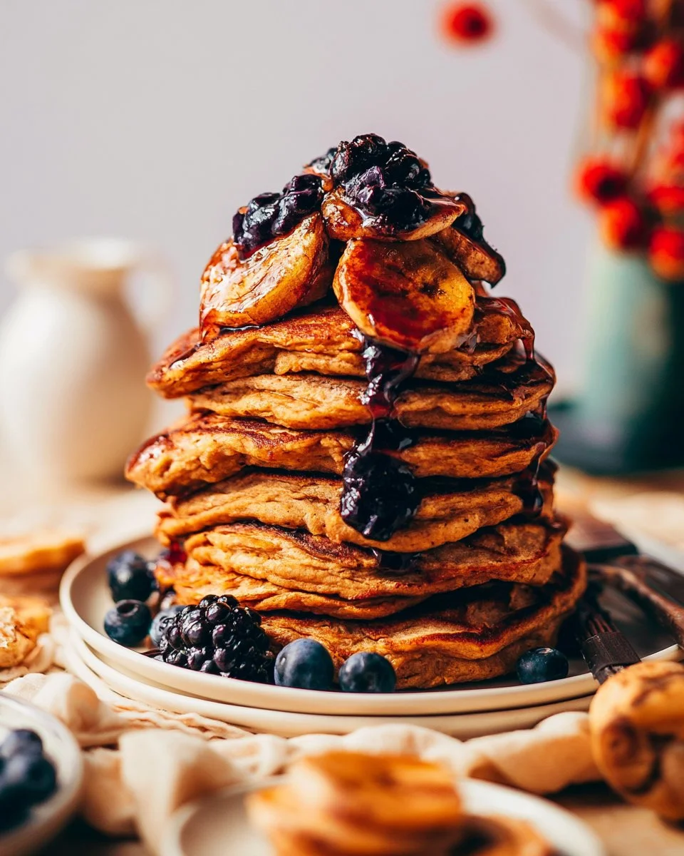 Delicious grain-free plantain pancakes served with fresh fruit and syrup