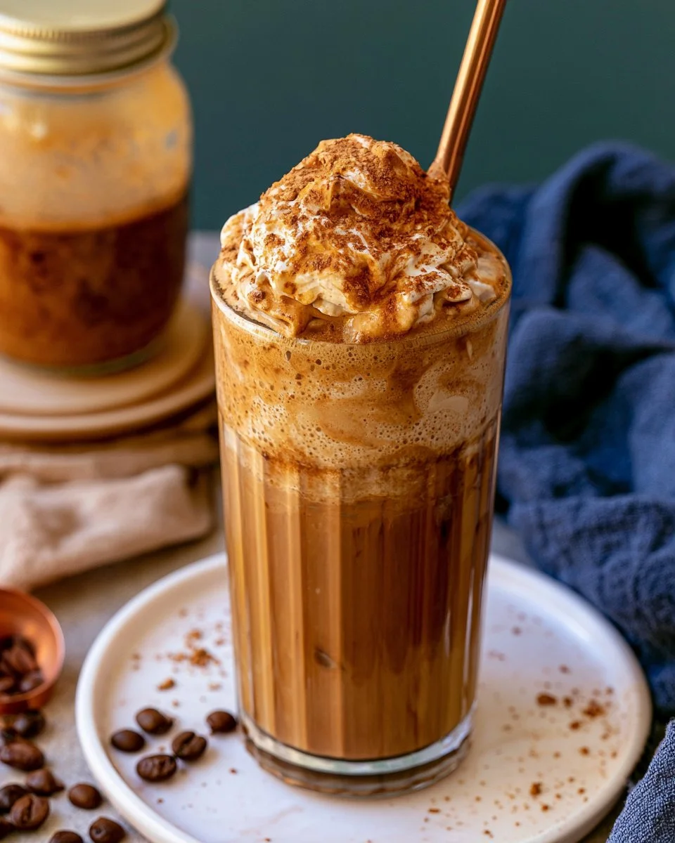 Delicious Greek frappe coffee served in a clear glass with ice and foam