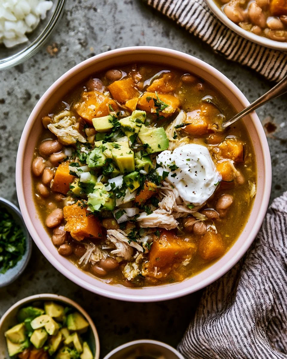 Bowl of Green Chicken Chili Soup garnished with cilantro and lime