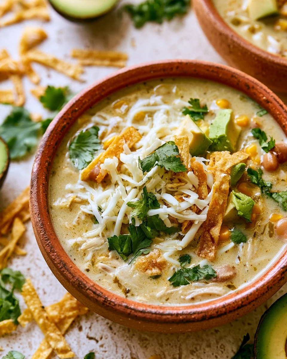 A bowl of green chicken enchilada soup garnished with cilantro and avocado.