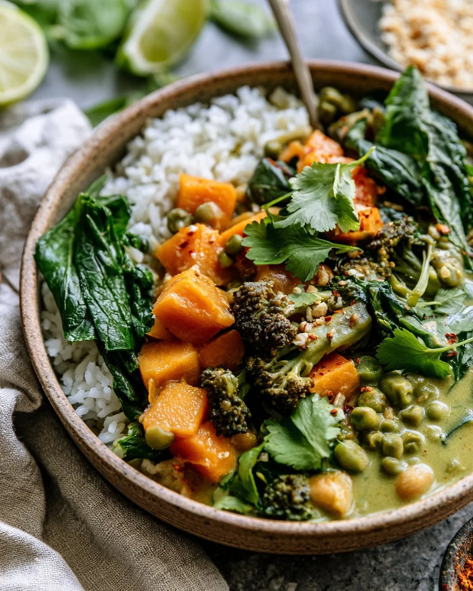 Bowl of vibrant green curry with fresh vegetables and herbs