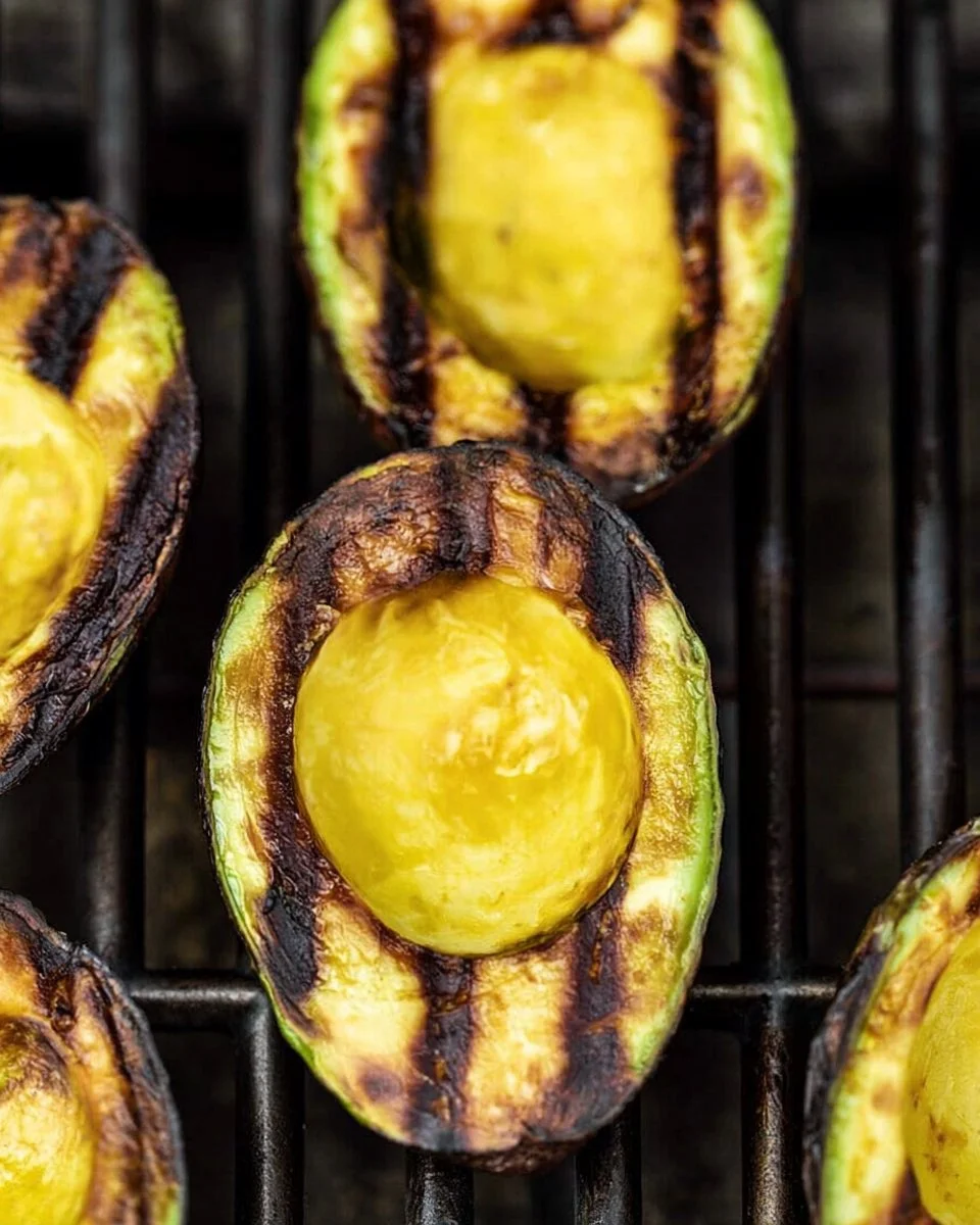 Grilled avocado with olive oil and spices on a plate