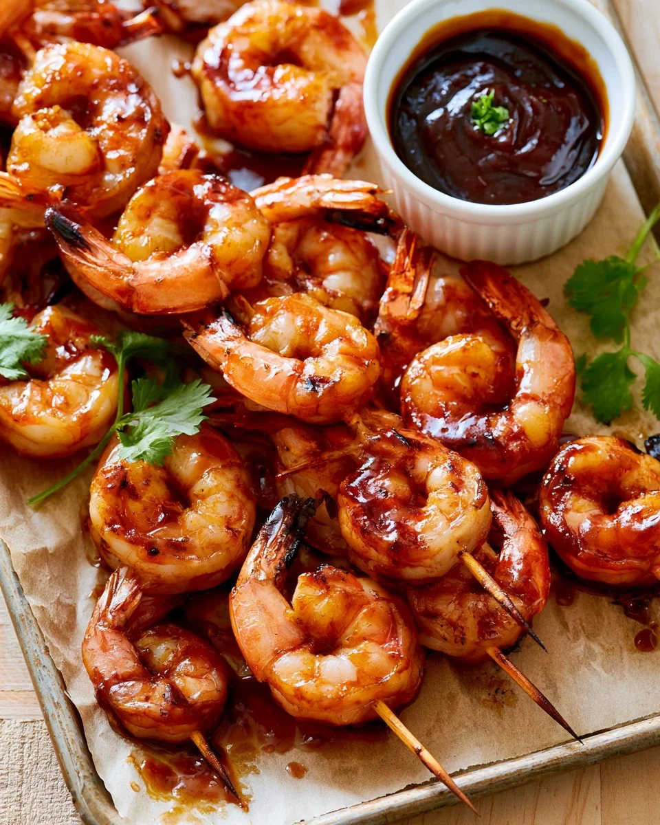Grilled BBQ shrimp skewers garnished and ready to serve