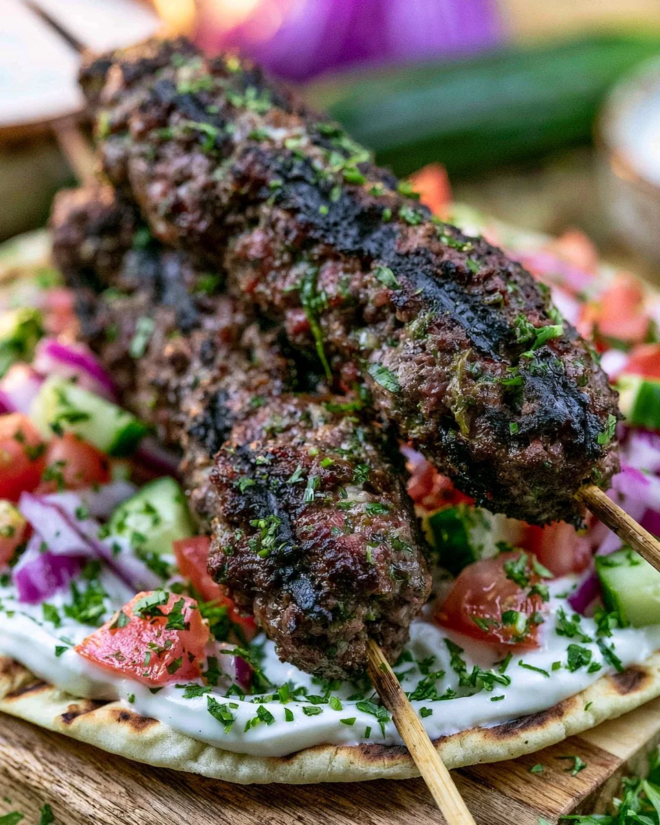 Grilled beef kofta kebabs on a serving platter with fresh herbs