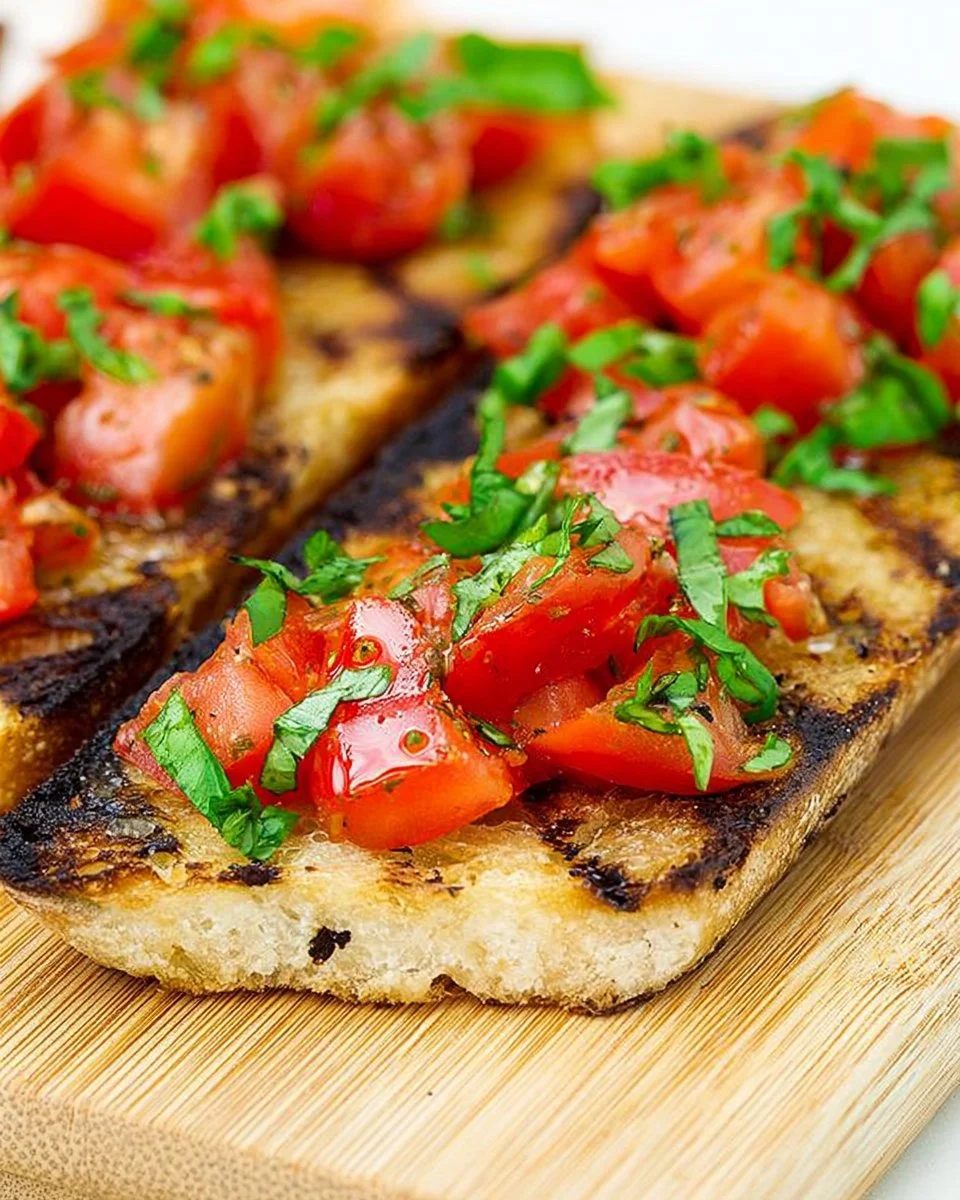 Delicious grilled bruschetta topped with fresh tomatoes and basil