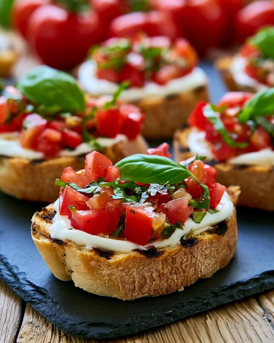 Grilled Caprese Crostini topped with fresh tomatoes and mozzarella cheese