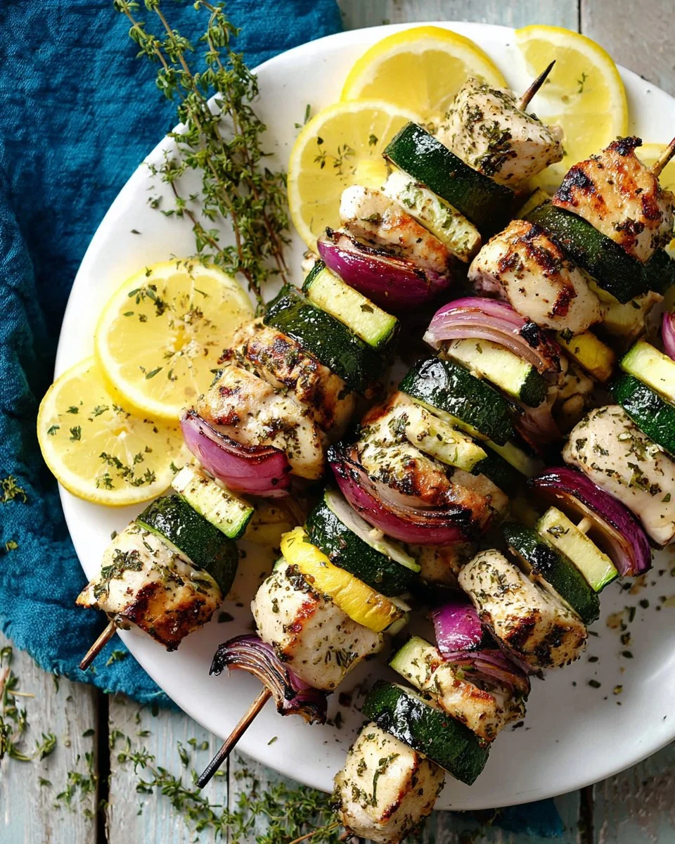 Grilled chicken and zucchini kebabs served on a platter