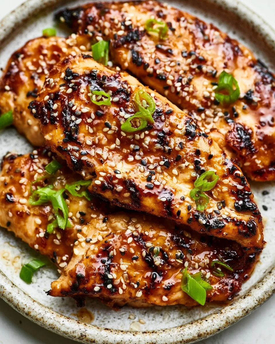 Grilled chicken breasts marinated in soy sauce served on a plate