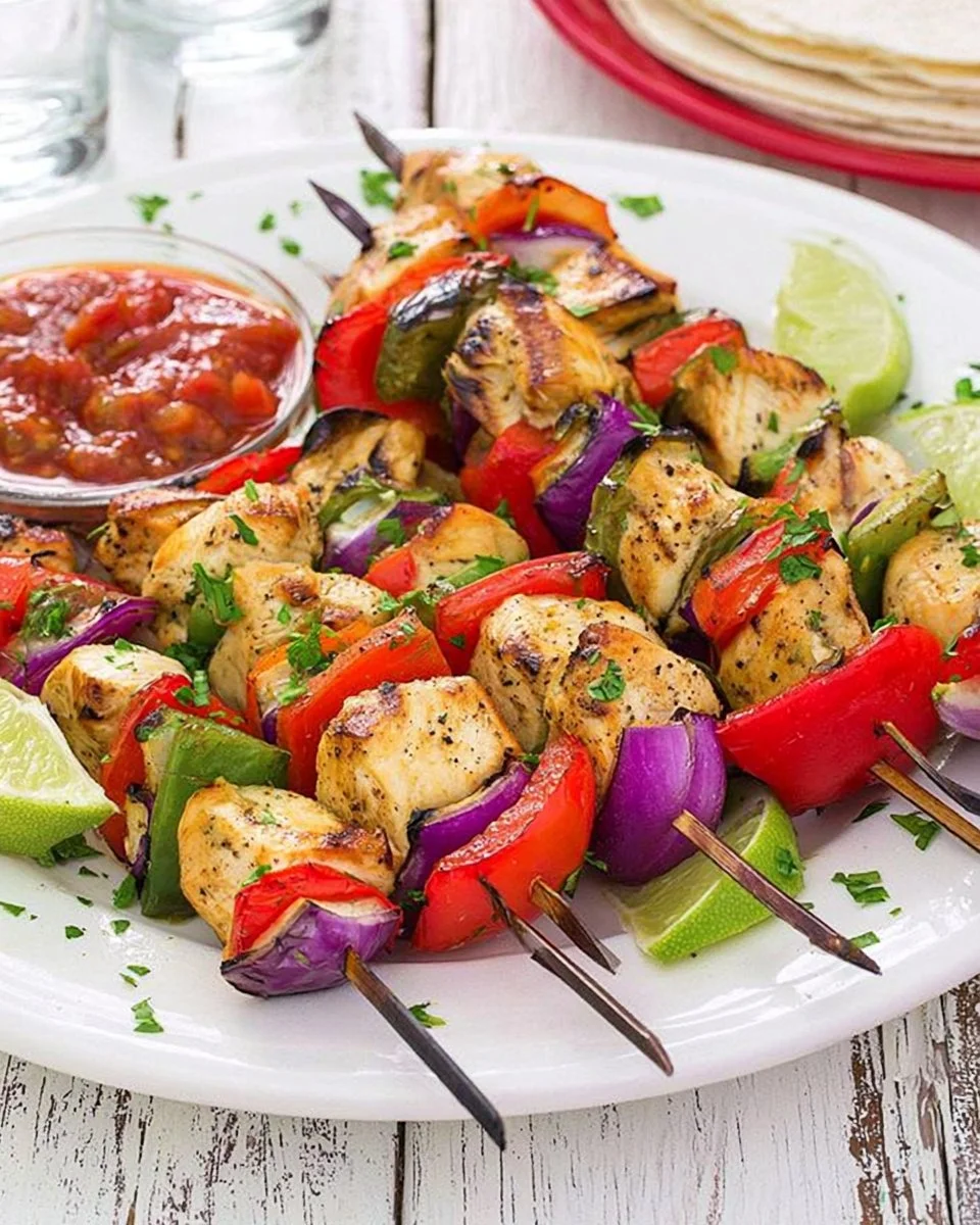 Delicious grilled chicken fajita kabobs with colorful vegetables on skewers.