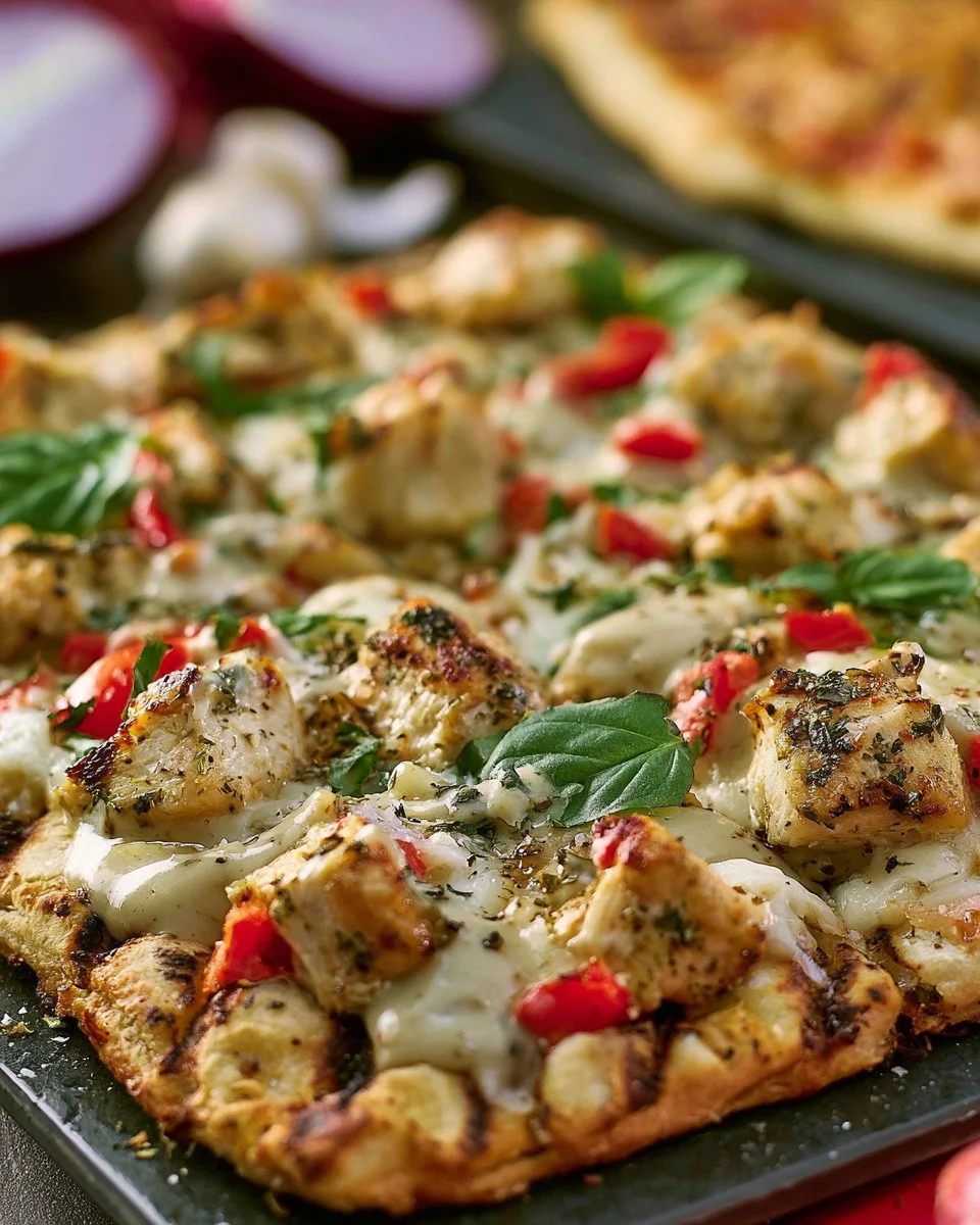 Grilled chicken flatbread with roasted garlic sauce on a plate
