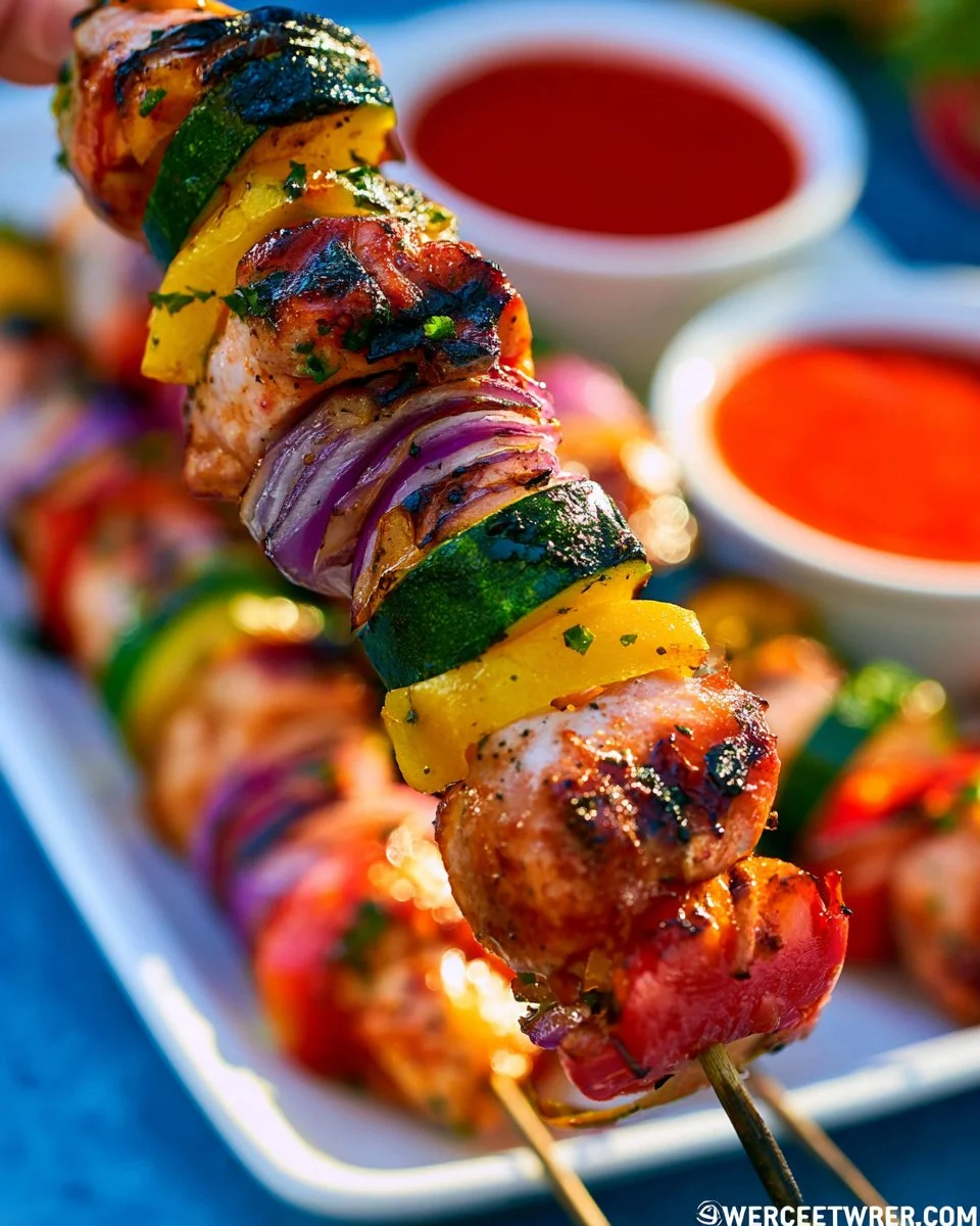 Delicious grilled chicken skewers served on a plate.