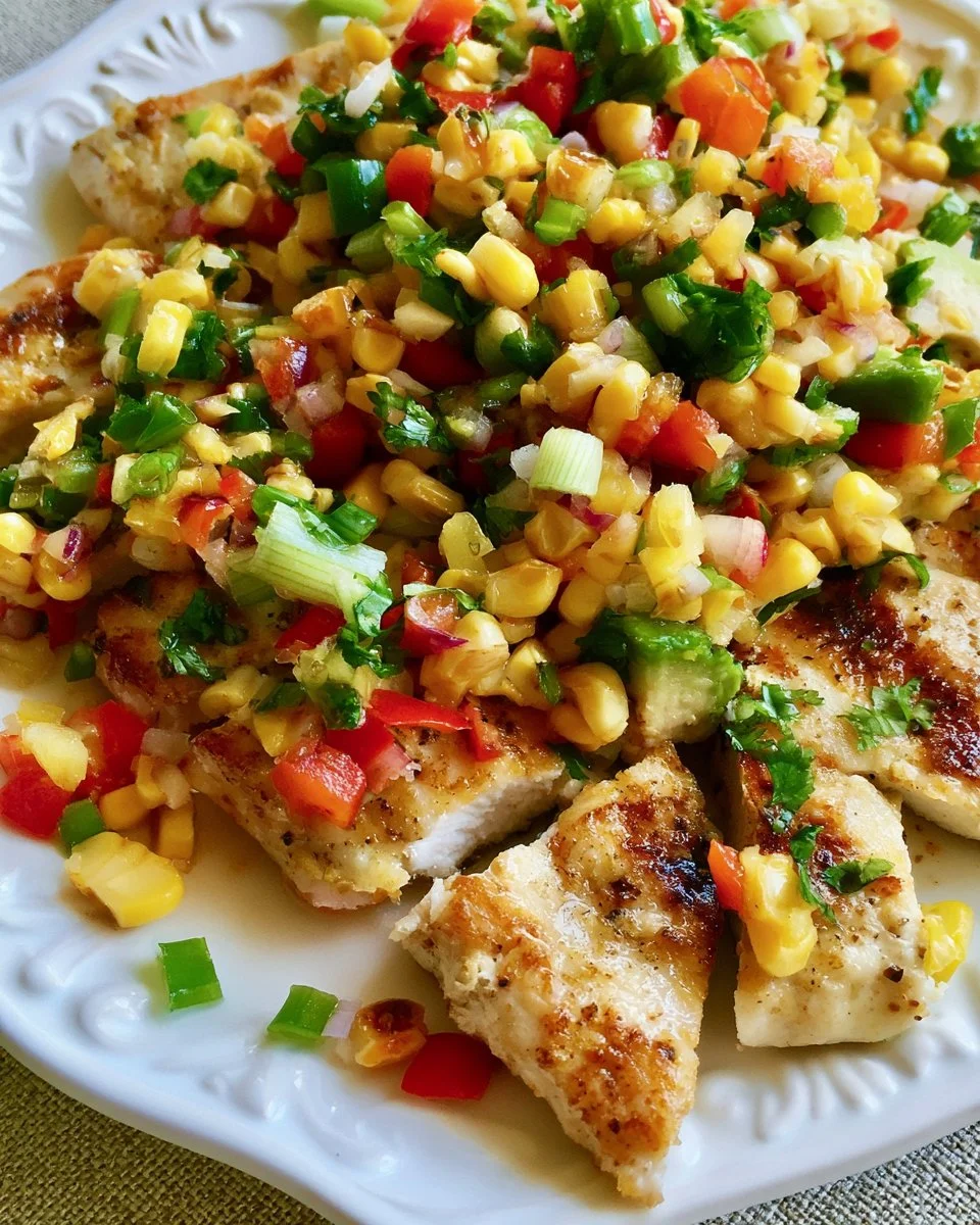Grilled chicken served with pineapple jalapeno salsa on a plate