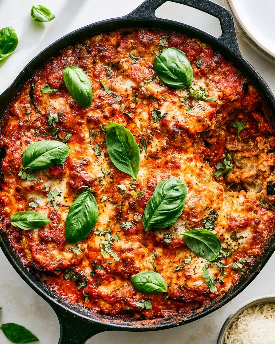 Delicious grilled eggplant parmesan topped with melted cheese and fresh herbs