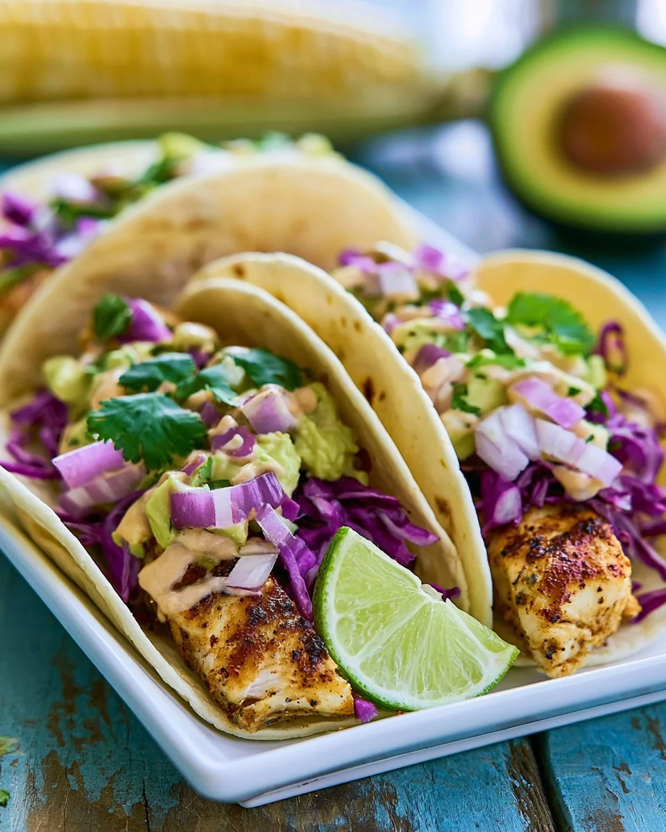 Delicious grilled fish tacos served with fresh toppings