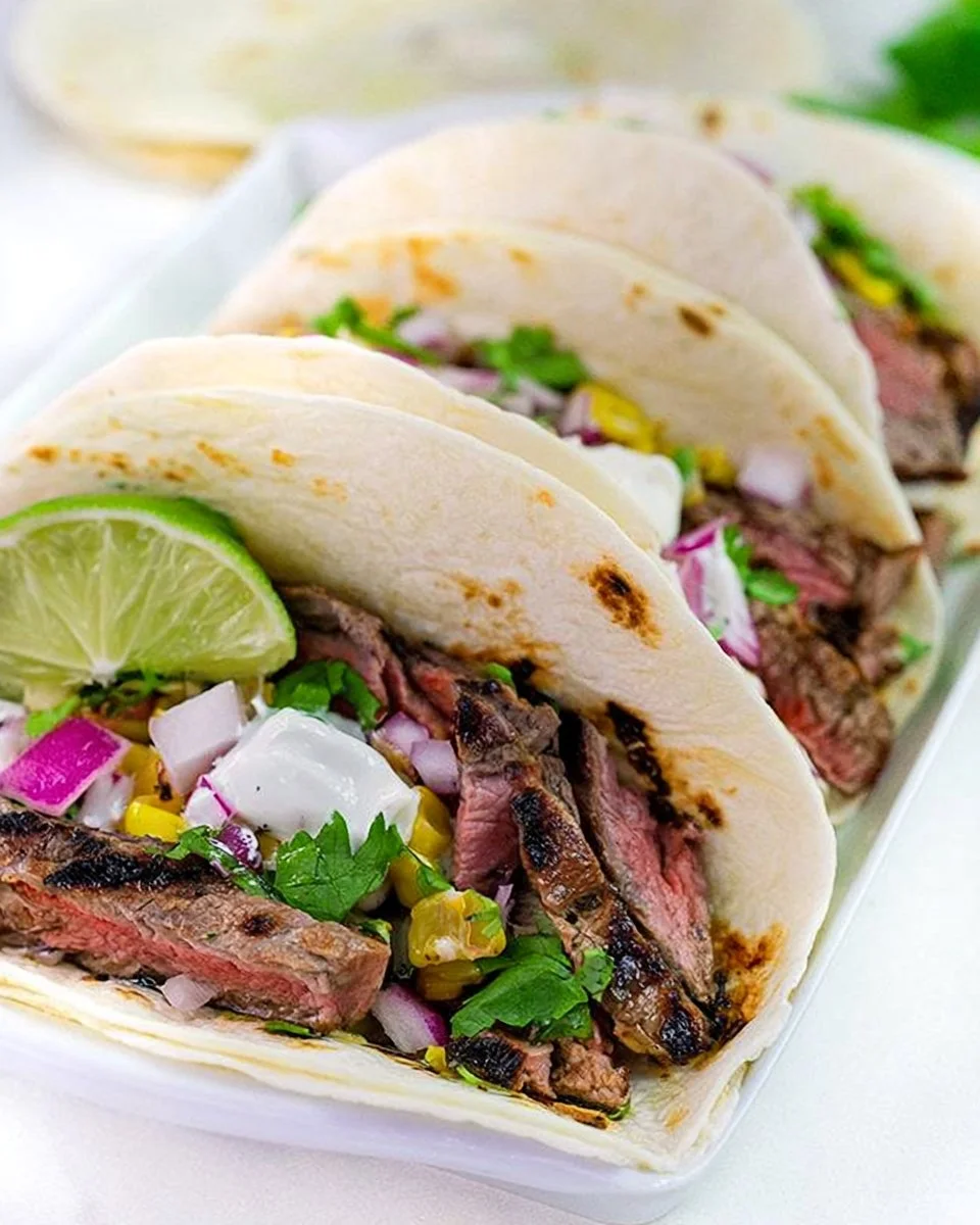Grilled flank steak tacos topped with fresh vegetables and cilantro