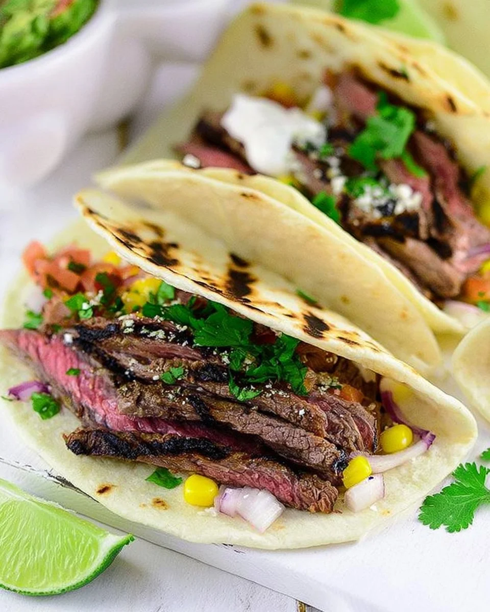 Delicious grilled flank steak tacos with fresh toppings and vibrant colors.