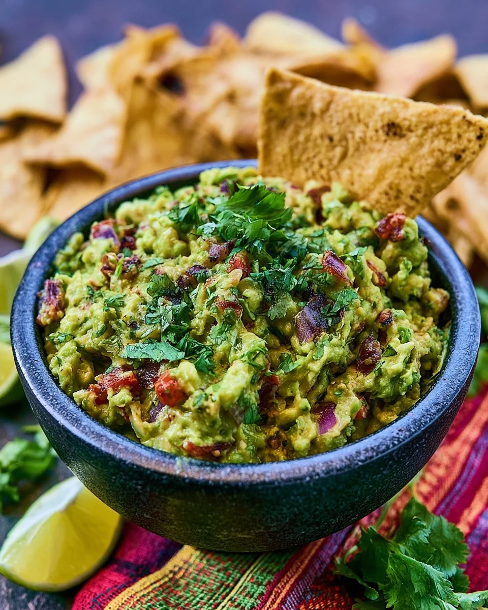 Deliciously grilled guacamole served with fresh ingredients and chips