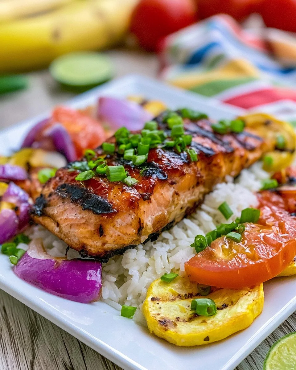 Grilled honey lime salmon served with colorful grilled vegetables