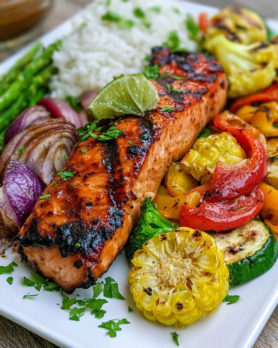 Grilled honey lime salmon served with colorful grilled vegetables