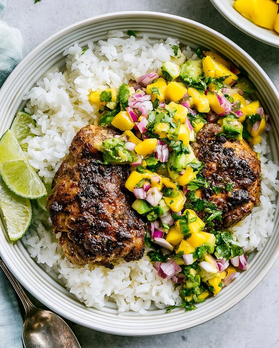 Grilled jerk chicken served with mango avocado salsa on a plate.