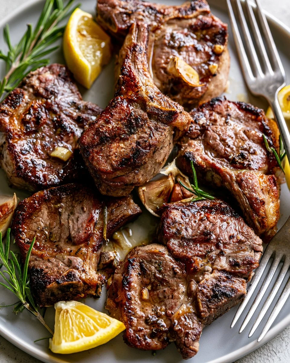 Grilled lamb chops with lemon, garlic, and rosemary on a plate