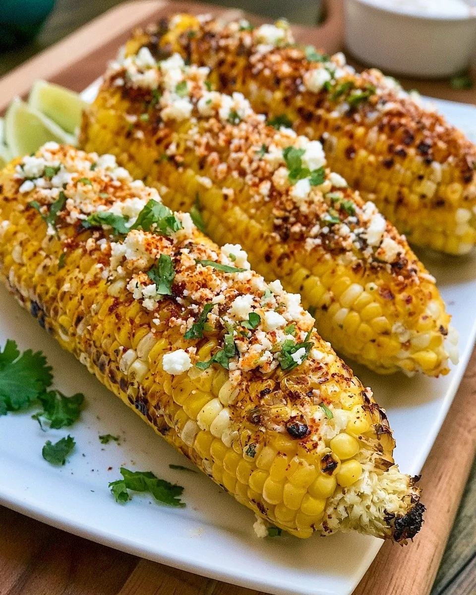 Delicious grilled Mexican-style street corn served with cheese and spices