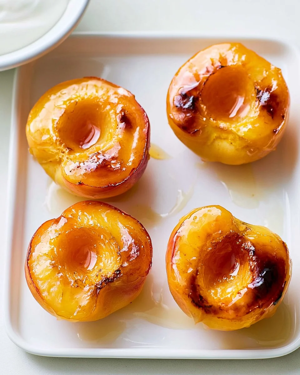 Grilled peaches served with honey drizzled yogurt on a plate
