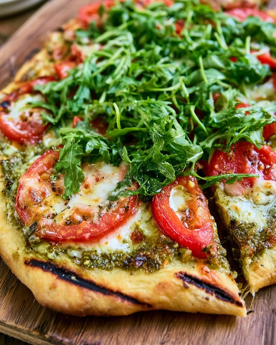 Grilled pesto pizza topped with tomatoes and arugula on a wooden serving board.