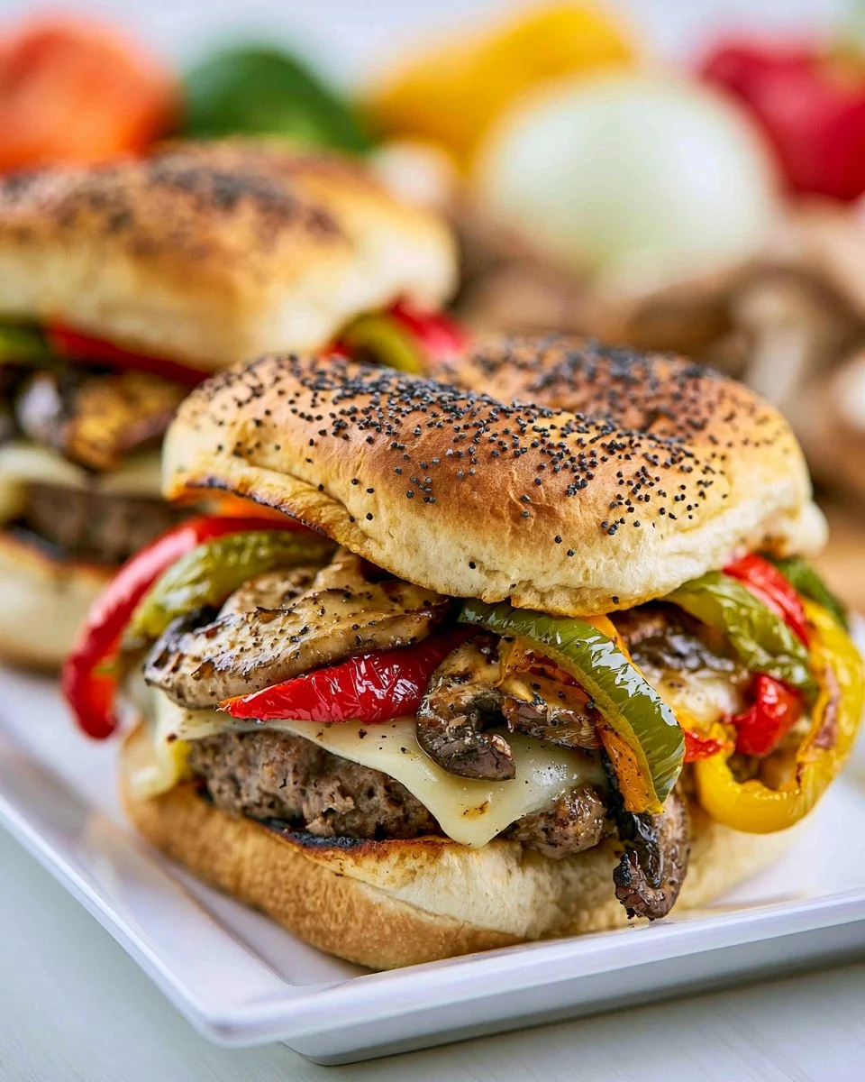 Delicious grilled Philly burgers on a plate garnished with fresh toppings