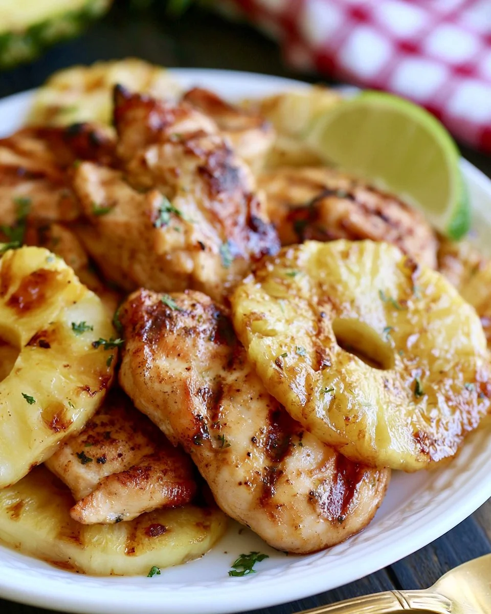 Delicious grilled pineapple chicken served on a plate with vibrant colors and garnishes.