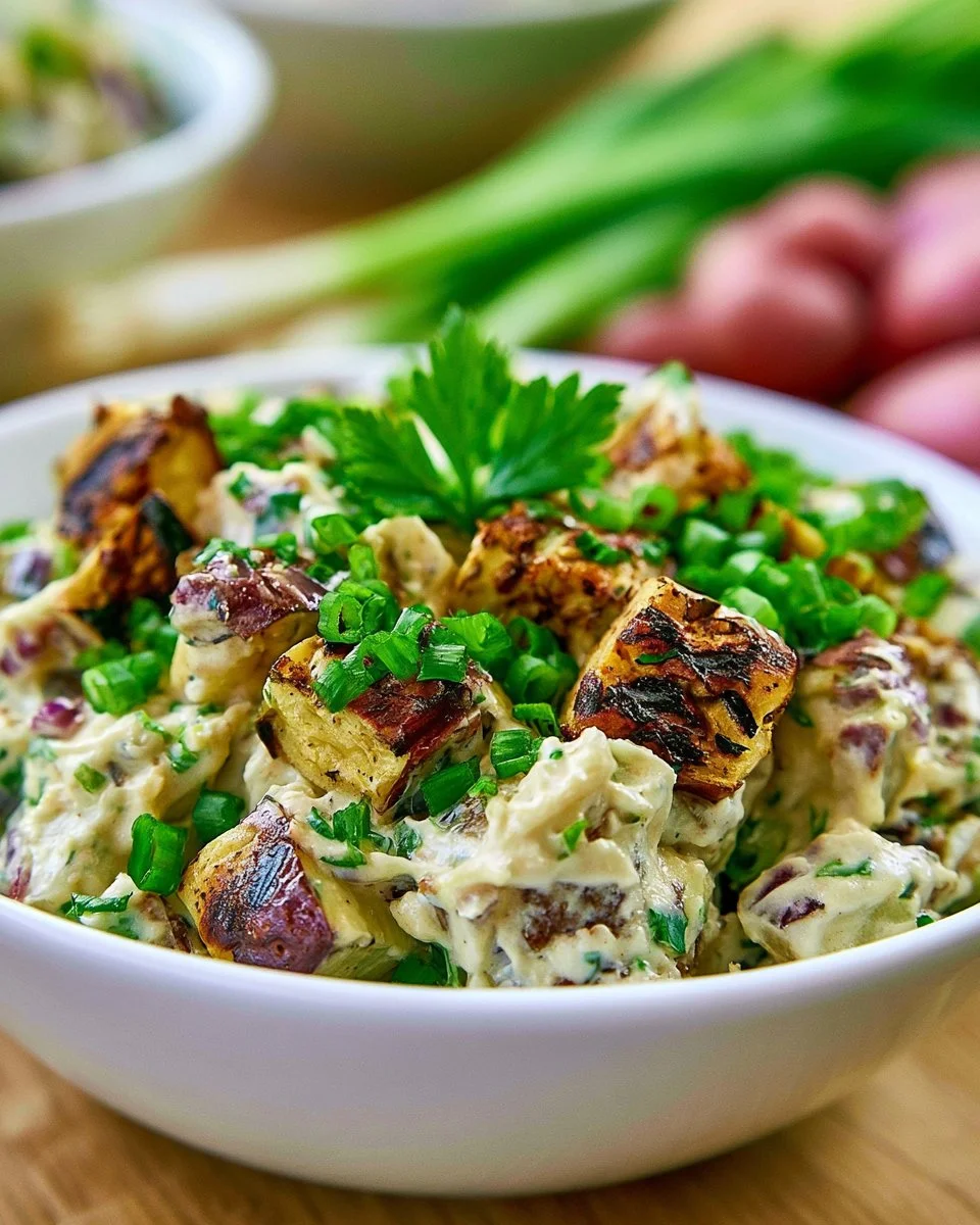 Delicious grilled potato salad served in a bowl with herbs and spices.