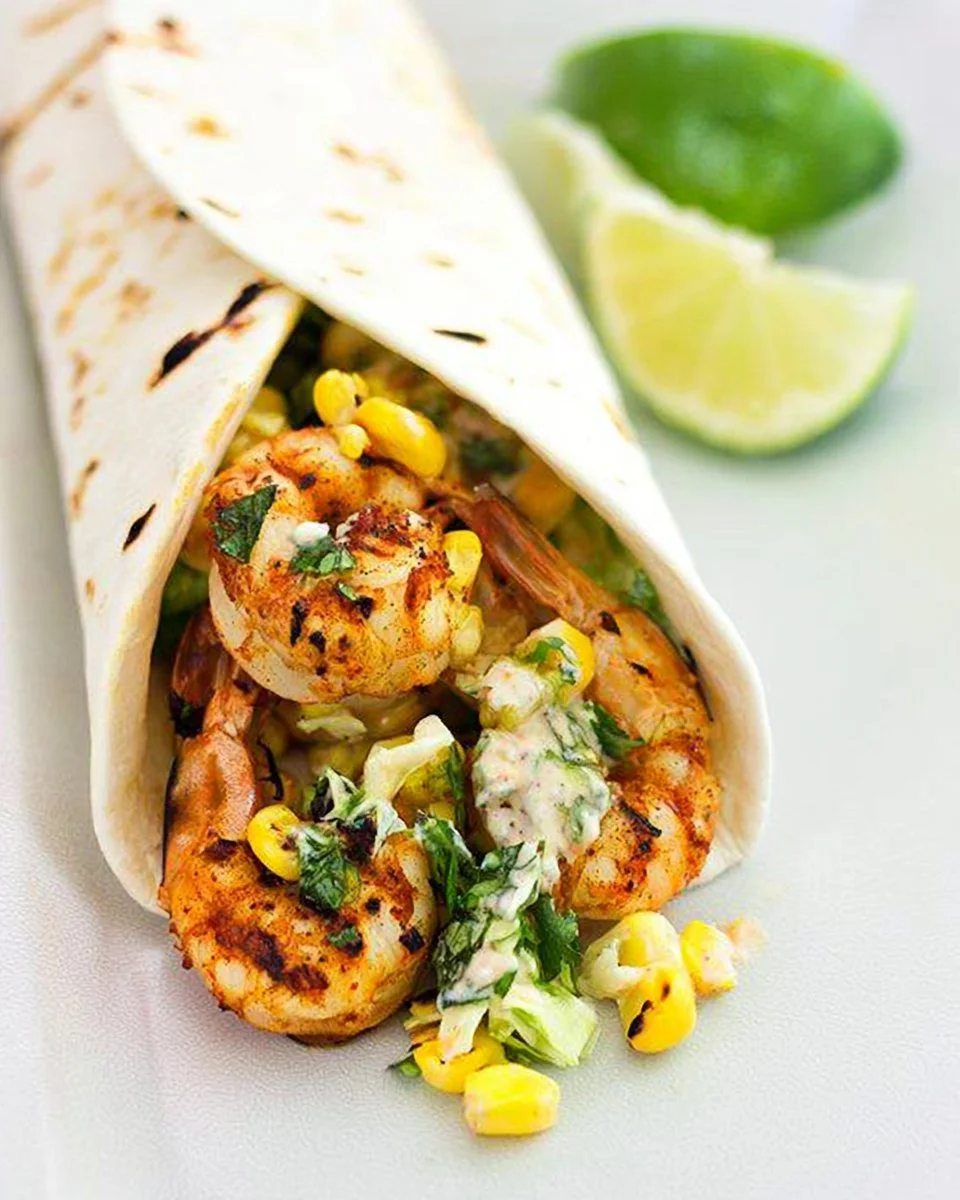 Plate of grilled shrimp tacos drizzled with Southwest sauce and garnished.