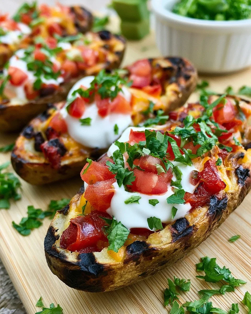 Delicious grilled Southwestern potato skins topped with cheese and spices