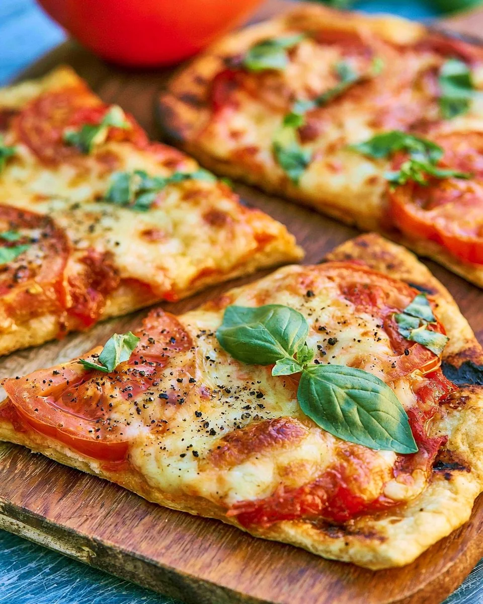Homemade grilled Tomato Basil Pizza with fresh tomatoes and basil toppings.