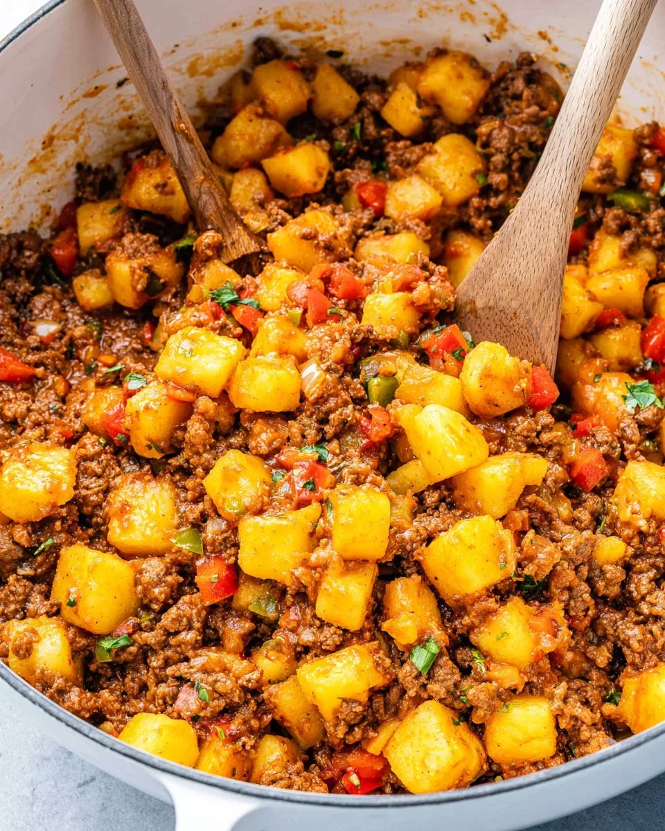 Plate of ground beef and potatoes meal garnished with herbs.