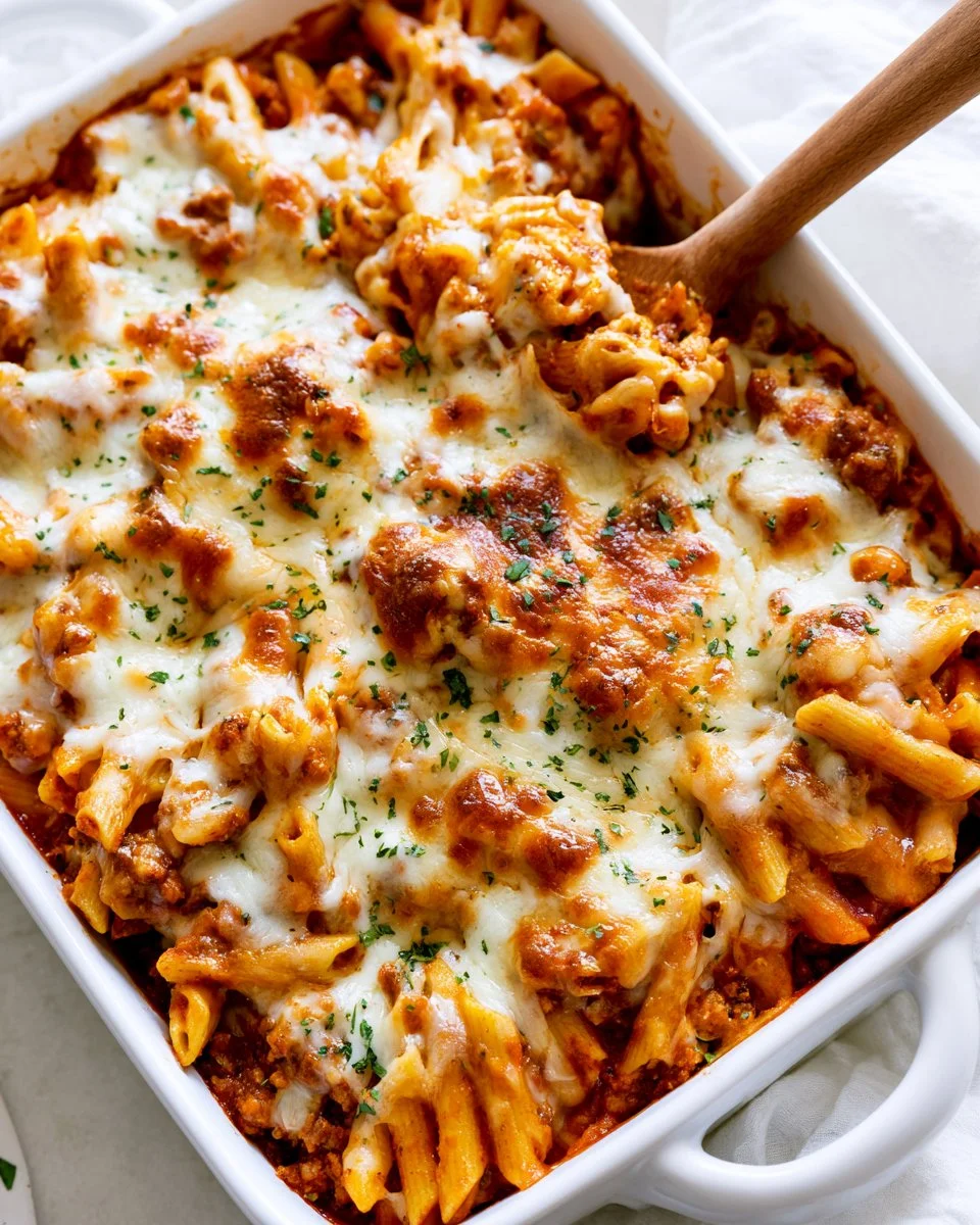 Delicious Ground Beef Casserole topped with melted cheese and spices