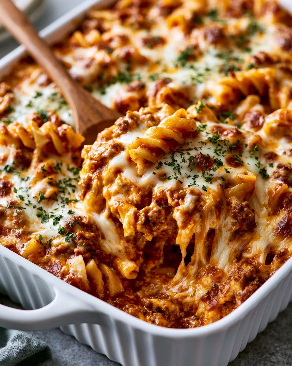 Delicious ground beef casserole dish served with fresh herbs and cheese