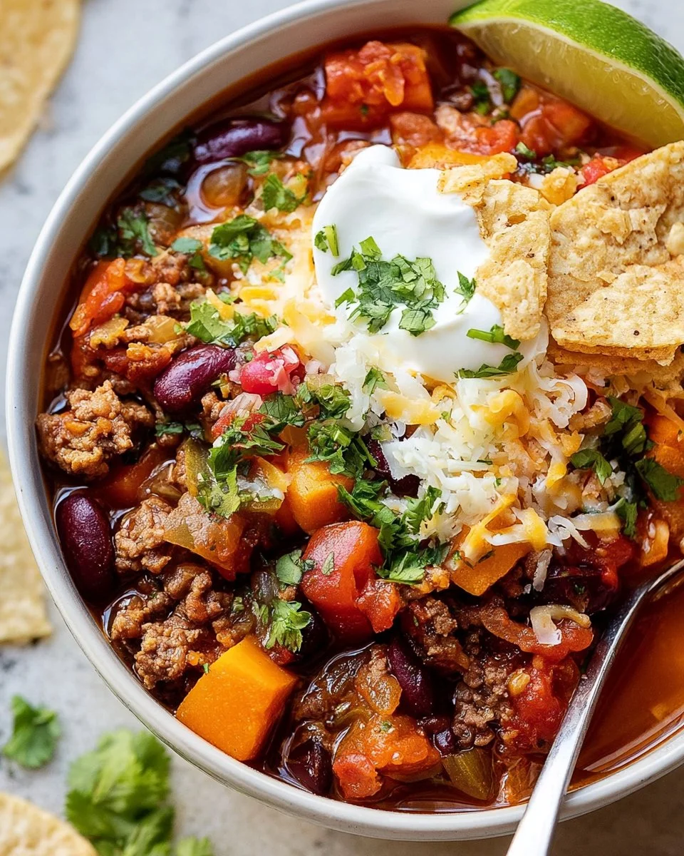 A bowl of rich and flavorful ground beef chili garnished with fresh herbs.