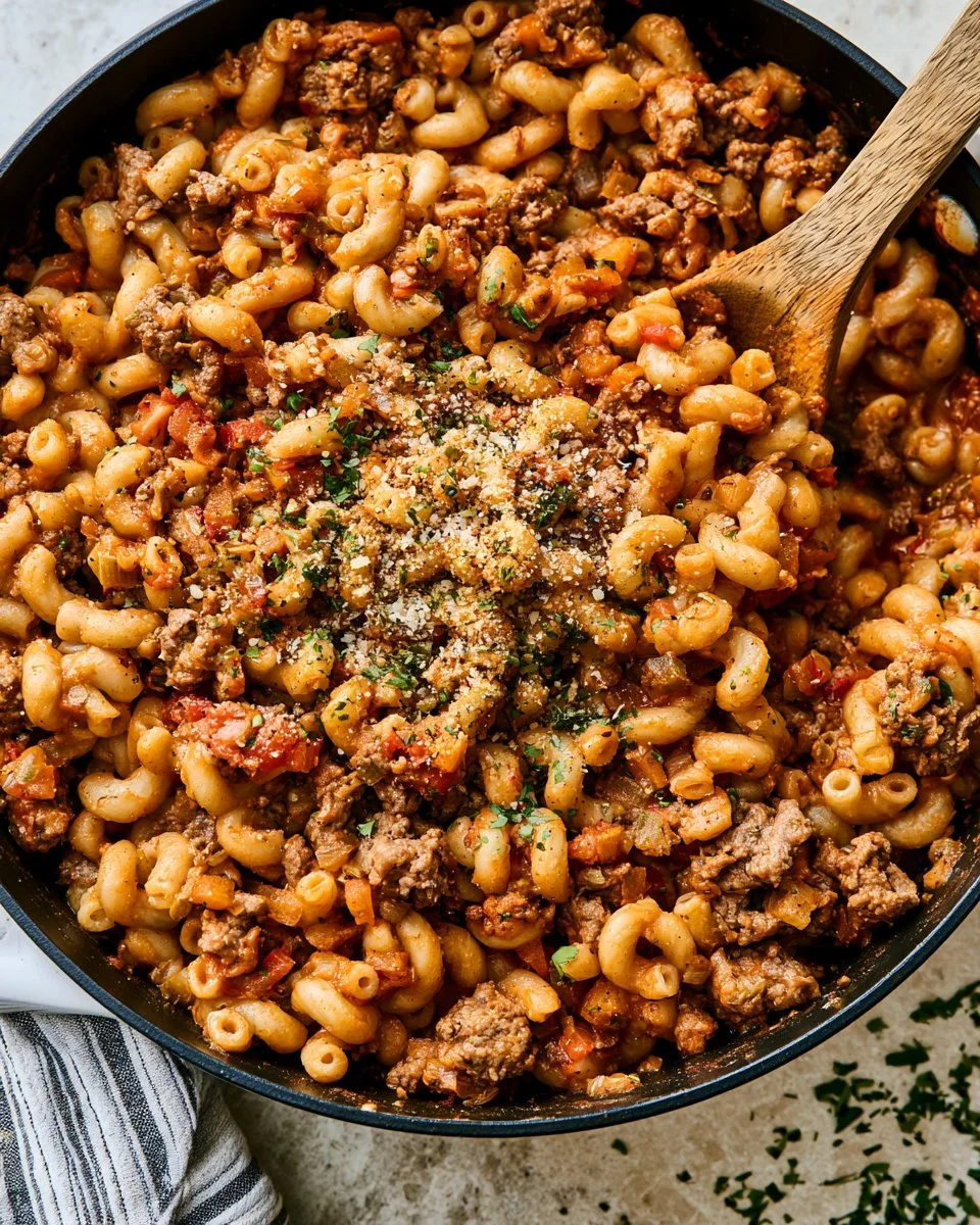 Plate of savory ground beef pasta topped with cheese and herbs
